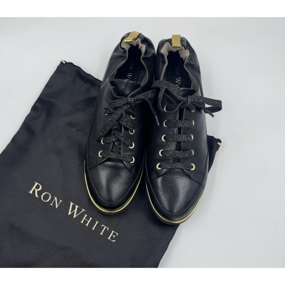 Ron White Shoes - Ron White Nicole Leather Onyx Black and Gold Lace up Sneakers Size 40/9US